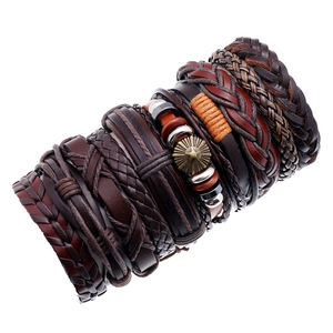 Men Multilayer Woven Leather Bracelets Vintage Punk Ethnic Handwoven Adjustable Cowhide Wax Rope Wood Beads Alloy Charms