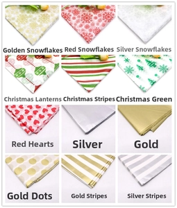 Detailed grid showing 12 Christmas tissue paper patterns with snowflakes and stripes
