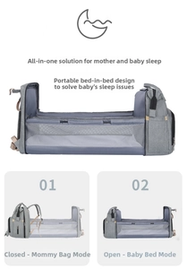 Detail showing the gray multifunctional baby diaper bag expanding into a portable crib