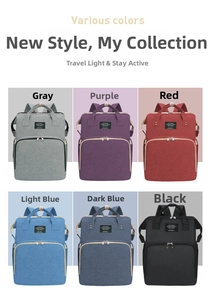 Detailed view of large capacity diaper bag backpack in six colors including grey and blue