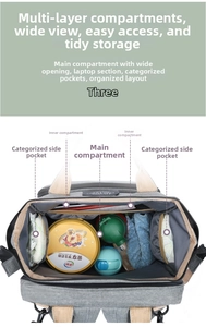 Top view of the grey diaper bag showing spacious interior and multiple storage pockets