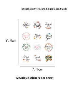 Detail view of 12 floral Thank You stickers with precise dimensions and matte finish