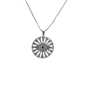 Polished silver Evil Eye pendant necklace with multi-color gemstones on box chain