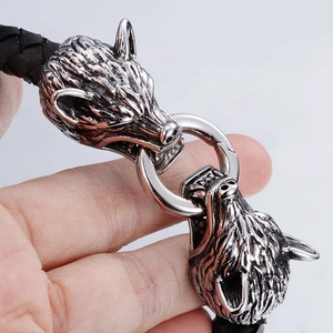 Bracelet loup viking en cuir véritable avec fermoir en acier inoxydable pour homme