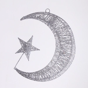 Silver iron hollow star and moon Christmas decoration with glitter finish for display