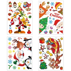 Cartoon Christmas static window stickers set with Santa reindeer and snowman patterns