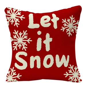 Housse de coussin de Noël en lin avec texte Let it Snow et flocons sur fond rouge