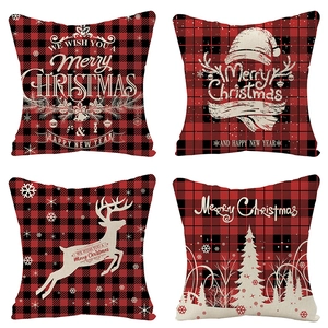 Lot de 4 housses de coussin de Noël en lin à carreaux rouges et noirs avec motifs de renne