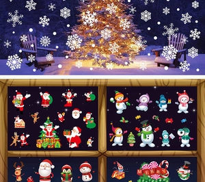 Detailed Christmas window stickers showing Santa, reindeer, and snowflakes for glass decor