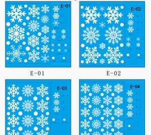 Detailed size guide for white snowflake window clings showing models E-01 to E-04 with dimensions