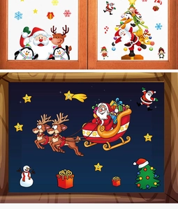 Detail of Christmas window clings with Santa, reindeer and snowman festive elements