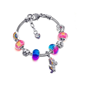 Unicorn Charm Bracelet DIY Colorful Crystal Glass Beads Alloy Copper Snake Chain Heart Star Pendant Jewelry Gift Girls