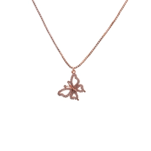 Rose gold butterfly pendant necklace with sparkling crystals on thin box chain