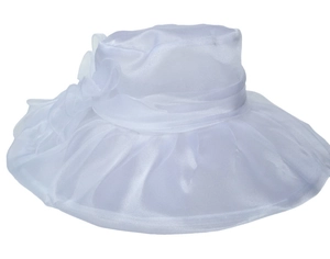 Detail of white organza sun hat featuring lightweight mesh fabric and side floral decor