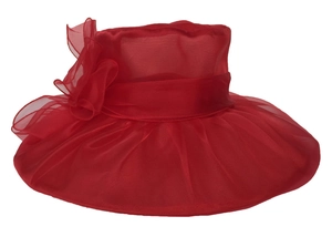 Detailed close-up of dark red organza sun hat featuring delicate 3D floral decoration
