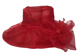 Detailed view of red organza sun hat with oversized decorative bow and sheer mesh brim