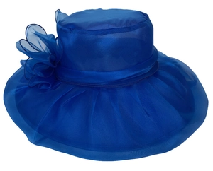 Detail of royal blue organza sun hat with elegant oversized floral decoration on the side
