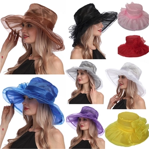 Collage of wide brim organza sun hats in nine colors with large elegant flower details