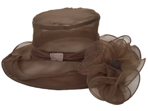 Detailed view of brown organza sun hat featuring an oversized elegant floral decoration
