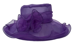 Detail of purple organza sun hat with multi-layered flower decoration and mesh texture