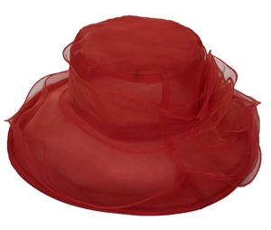 Detail of red organza sun hat featuring a wide brim and elegant decorative mesh flower