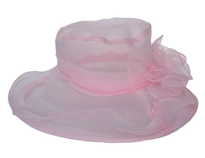 Detailed view of pink organza sun hat featuring large handmade flower and wavy brim