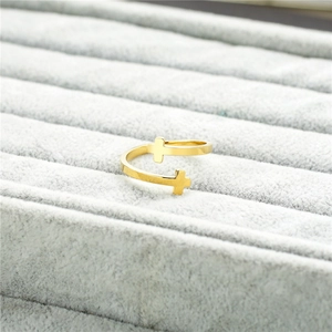 Polished gold double-layer cross open ring in stainless steel for trendy fashion