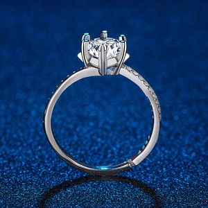 Macro side view of a six-prong silver ring featuring a large brilliant-cut white zircon