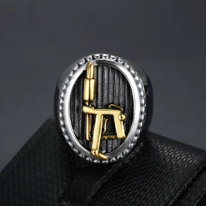 Retro stainless steel tattoo machine logo ring for men in silver and gold two-tone finish