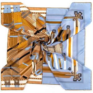 Hand-rolled 90cm square silk scarf with brown and blue equestrian belt and chain patterns