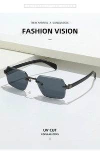 Vue détaillée de lunettes de soleil carrées sans monture avec protection UV sur podium