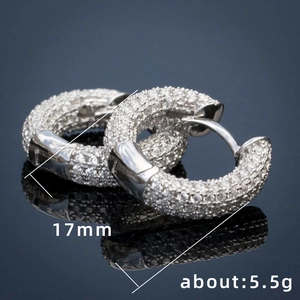 Sparkling silver hoop earrings with round cut zircons, 17mm diameter for elegant women
