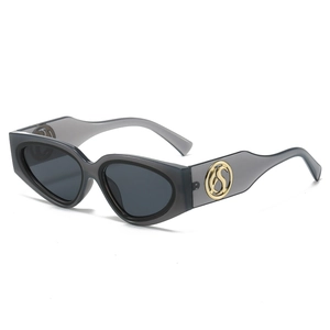 Retro square cat eye sunglasses with gray transparent frame and gold metal logo detail