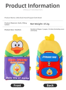 Front and back detail of the Little Duck hand puppet cloth book with soft fabric texture