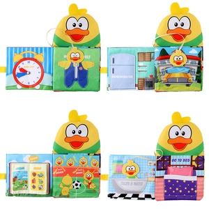 Interactive yellow duck cloth book with clock, bath, and kitchen scenes for baby education