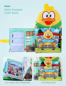 Duck hand puppet cloth book with interactive refrigerator scene and squeaky toy pages
