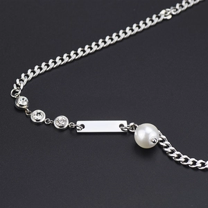 Titanium steel cuban chain necklace with pearl, rhinestone pendant and silver tag