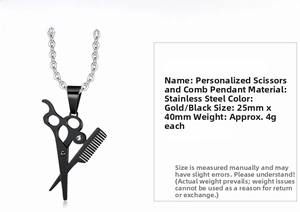 Detail view of stainless steel scissor and comb pendant showing 25mm by 40mm dimensions