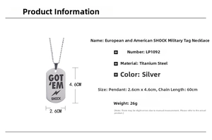 Detailed specs of silver steel dog tag necklace with GOTEM SHOCK text and 60cm chain