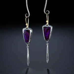 Boucles D'oreilles Pendantes Vintage Pour Femmes Alliage Rétro Longues Coniques Motif Pierre Violette Bijoux Bohème