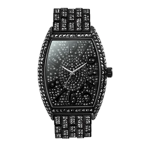Luxury black tonneau watch with full diamond setting and quartz movement for men