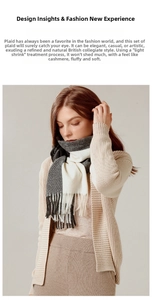Detail of soft cashmere-feel fabric and long tassels on classic plaid scarf