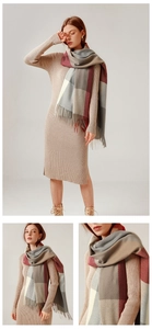 Detail of plaid scarf tassels and knitted dress fabric texture in a beige and red mix