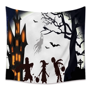 Bohemian Halloween wall tapestry with haunted castle, full moon and pumpkin silhouette