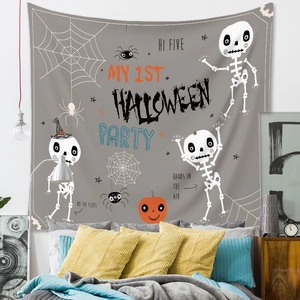 Detail view of Halloween tapestry featuring skeletons and pumpkins in a cozy bedroom setting
