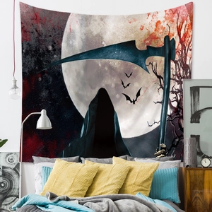 Detail of Halloween tapestry with Grim Reaper, moon, and bats for wall decoration