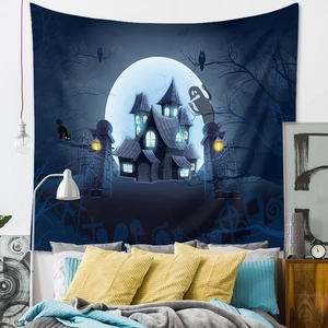 Detailed Halloween wall tapestry with haunted house and moon for festive bedroom decor
