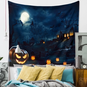 Detail of Halloween tapestry with jack-o'-lanterns and full moon on bedroom wall