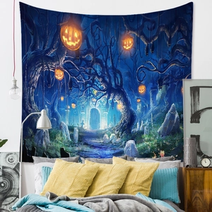Macro detail of polyester Halloween tapestry featuring a mystical pumpkin forest scene