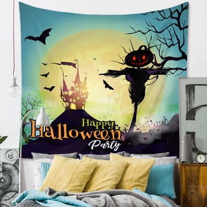 Detail of Halloween tapestry with full moon, castle and Happy Halloween Party text